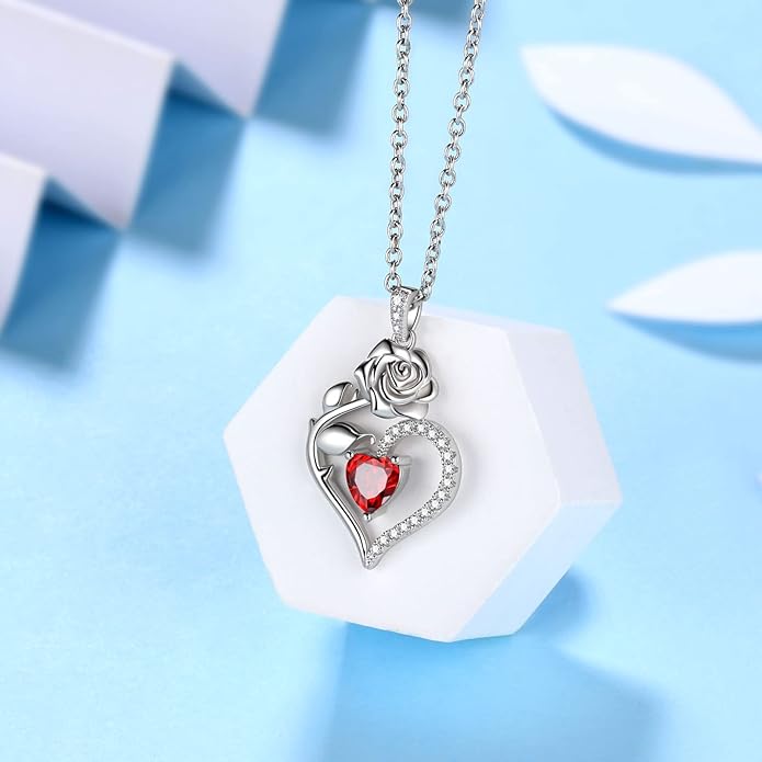 Jewmon Valentine Day Gifts for Her Rose Heart Birthstone Necklace for Women 925 Sterling Silver Birth Stone Flower Rose Necklace Anniversary Love GIfts for Girlfriend Wife Mom Birthday Gifts for Her