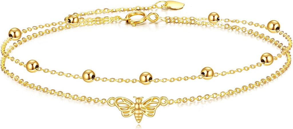 KECHO 14k Yellow Gold Butterfly/Dragonfly/Frog/Sunflower/Daisy/Tree of life/Moon/Clover Bracelet Anklet for Women