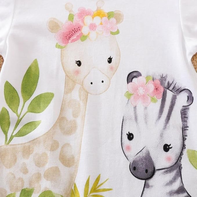 Cute Giraffe + Zebra With Floral Print Long Sleeve Baby Girl Clothes White Jumpsuit For Baby One-Piece Romper