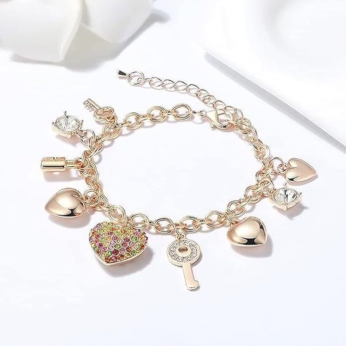 SILANER Gold Chain Link Bracelet - 7"+ 2" Extender 14K Gold Plated Love Locked Bracelets for Women, with Crystal, Love Heart,Key, Lock, Charm Bracelet
