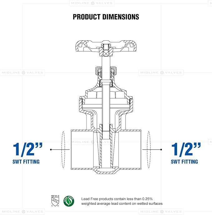 Midline Valve 427D234-5 Gate Valve, Lead Free, 1/2 in. Sweat Connection - Image 3