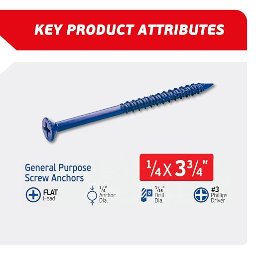 1/4 x 3-3/4" Countersunk Phillips Flat Head Blue Concrete Screw Anchors - Image 2