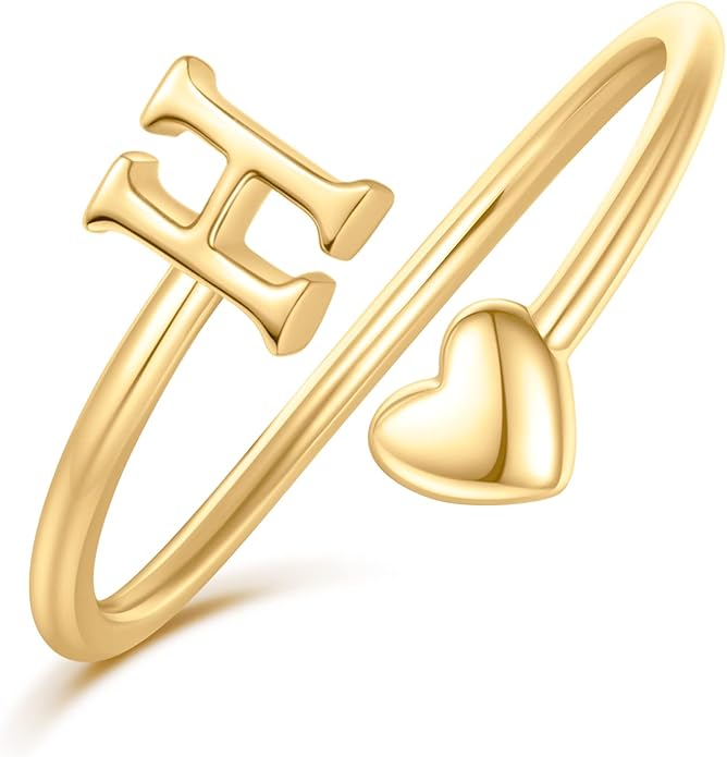 Initial Rings for Women Girls - Valentines Day Gifts for Her, Adjustable Rings for Women Non Tarnish Letter A-Z Dainty Heart Ring Teen Girls Gifts Trendy Stuff Personalized Jewelry Gift