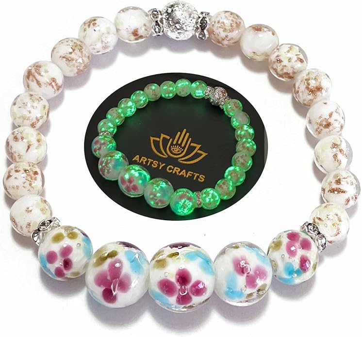 ARTSY Crafts Lily Garden Glow in the Dark Firefly Bead Bracelets Necklaces, Handmade in USA Murano Glass Jewelry, Flower Luminous Beads Mermaid Crystal Bracelet Bangle