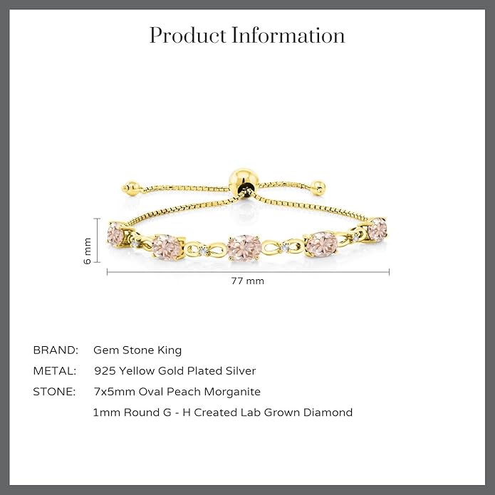 Gem Stone King 7X5MM Oval Cut Gemstone Birthstone and Accent Lab Grown Diamond Tennis Bracelet For Women In 18K Yellow Gold Plated Silver | Adjustable Bolo Bracelet For Women | Easy-On Easy-Off