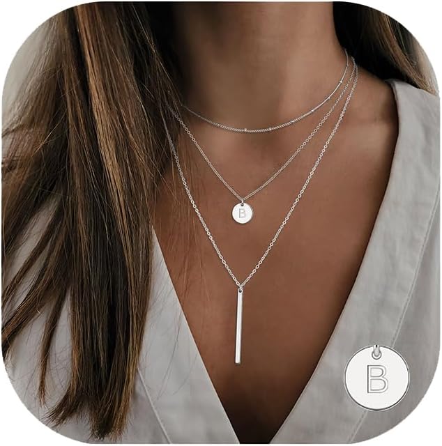 Valentines Gifts for Her - Initial Layered Necklaces for Women, 14K-Gold-Plated Coin Letter Necklace Bar Stacking Layer Necklace Multi Bar Layering Y-Necklaces Jewelry for Women