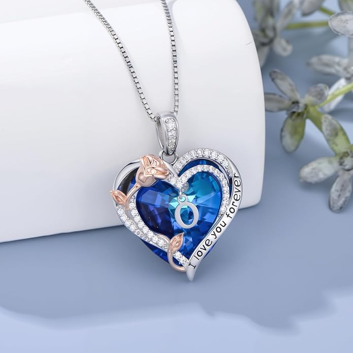 PELOVNY Rose Heart Initial Necklaces for Women S925 Sterling Silver Alphabet Letter Crystal Necklace Initial Pendant Jewelry Gifts for Mom Daughter Wife