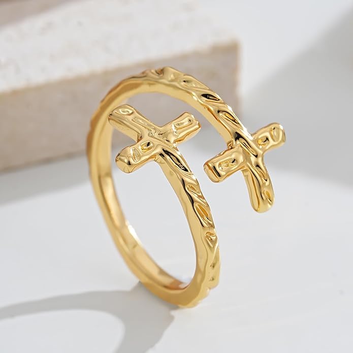 Cross Ring for Women 14 Gold Plated Hammered Texture Open Ring Size Adjustable Dainty Faith Christian Jewelry Gifts
