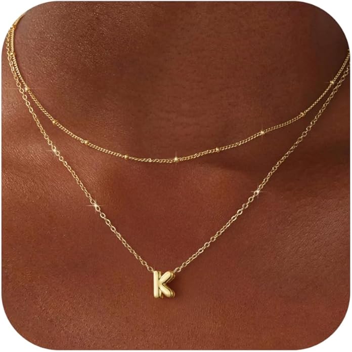 Valentines Day Gifts for Her - Bubble Letter Necklace Layered 14K Gold Plated Initial Necklaces for Women Dainty Cute Choker Pendant Stack Jewelry Fashion Accessories Teen Gift Trendy Stuff