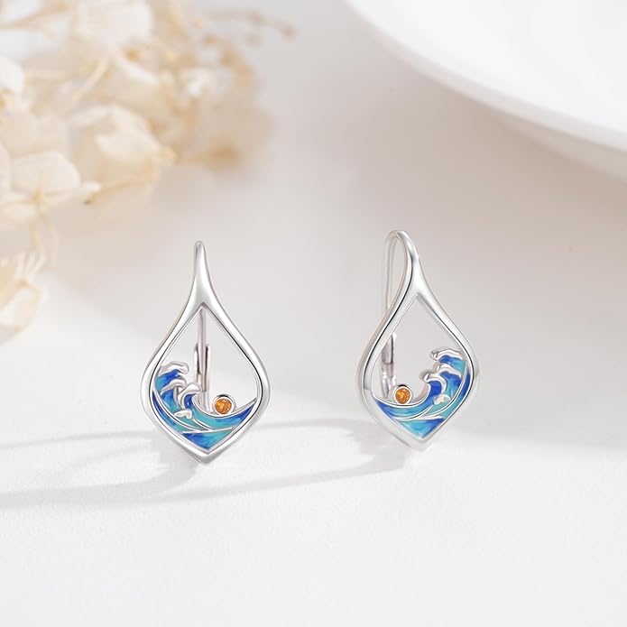 Ocean Wave Earrings 925 Sterling Silver Beach Leverback Earrings for Women Beach Jewelry Gifts for Women