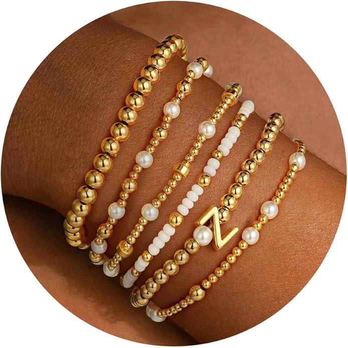 Turandoss 6PCS Beaded Initial Bracelets for Women Girls Valentines Day Gifts - 18K Gold Plated Beaded Initial Letter Bracelet Initial A-Z Stretch Bead Stackable Bracelet Valentines Day Gifts for Her