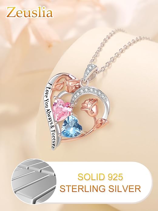 Valentine's Day Gifts for Wife 925 Sterling Silver Double Birthstone Pendant Necklaces I Love You for Always and Forever Necklace Anniversary Birthday Gifts for Wife Girlfriend Mom Her