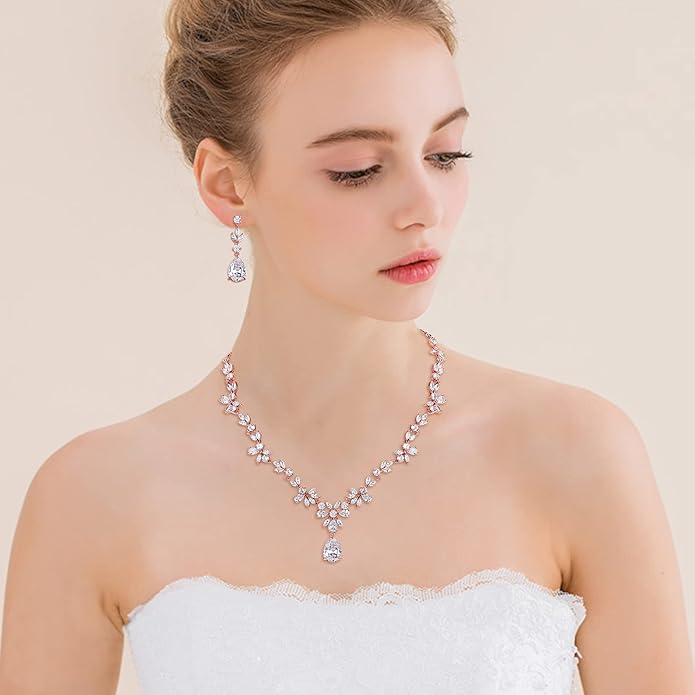 Crysdue Wedding Jewelry Set for Women, Floral Leaf Vine Teardrop Necklace Dangle Earrings Bracelet and Hair Comb, Cubic Zirconia Elegant Party Prom Jewellery for Bridal Bridesmaid