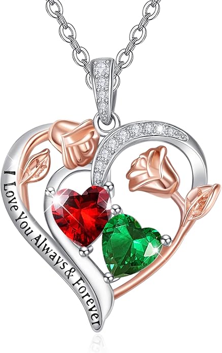 Valentine's Day Gifts for Wife 925 Sterling Silver Double Birthstone Pendant Necklaces I Love You for Always and Forever Necklace Anniversary Birthday Gifts for Wife Girlfriend Mom Her