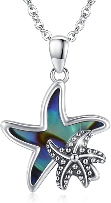 Cuoka Starfish Necklace 925 Sterling Silver Abalone Double Seashell Ocean Sea Beach Star Pendant Necklaces Ocean Jewelry for Women Bestfriend Summer Holiday Graduate Gift