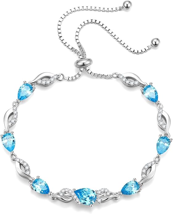 FANCIME Birthstone Teardrop Tennis Bracelet for Women, Sterling Silver 9x7mm main Gemstone Bolo Adjustable Chain Bracelet Fine Jewelry Birthday Gifts for Women Mom Wife Her