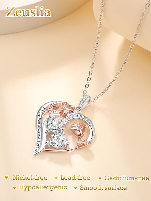 Valentine's Day Gifts for Wife 925 Sterling Silver Double Birthstone Pendant Necklaces I Love You for Always and Forever Necklace Anniversary Birthday Gifts for Wife Girlfriend Mom Her