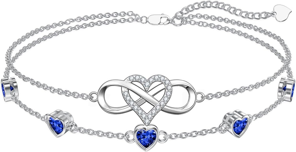 Dorunmo 925 Sterling Silver Infinity Heart Birthstone Anklet Bracelets for Women Best Mother's Day Birthday Jewelry for Wife Girlfriend Mom Her