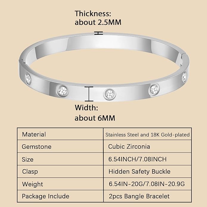 2Pcs 18K Gold-Plated Love Bangle Bracelets set for Women, Stainless Steel Cubic Zirconia Bangle Crystal Friendship Jewelry, Easter Wedding Birthday Gifts for Girlfriend, Wife, Monther