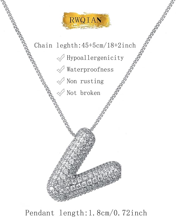RWQIAN Letter Necklace for Women Bubble, Chunky Initial Alphabet A-Z Pendant Puffy Name Personalized Necklace Dainty Zircon CZ Fashion Jewelry Gifts for Girls Girlfriend