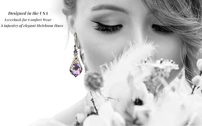 Antique Inspired Vintage Victorian Dangle Drop Earrings for Women - Colored Austrian Crystal Leverback Earrings - Jewelry Gift for Her