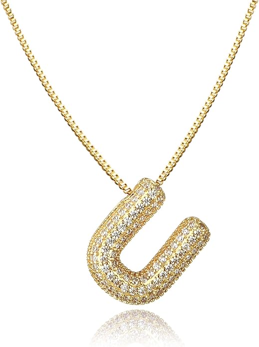SKQIR Diamond Initial Letter Necklace for Women Bubble Gold Plated Puffy Balloon Alphabet Crystal Zircon Pendant Name Necklace Dainty Charms Trendy Jewelry Gift for Women