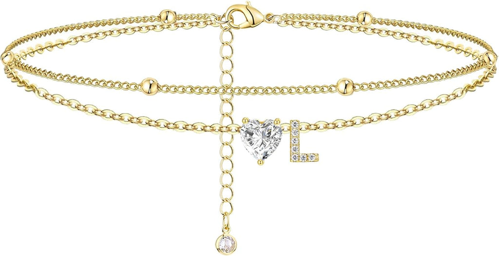 Ankle Bracelets for Women Waterproof 14K Gold Plated CZ Initial Anklet for Women Dainty Layered Letter Heart Ankle Bracelets Handmade Adjustable Foot Chain Anklet Summer Beach Jewelry