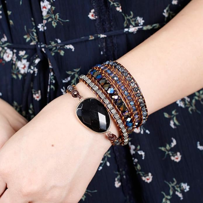 YGLINE Boho Handmade Wrap Leather Tube Crystal Stone Bracelet for Women