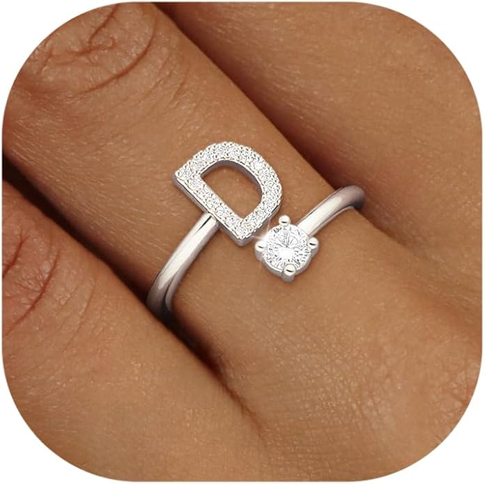 Valentines Day Gifts Gold Silver Initial Rings for Women Non Tarnish Dainty 14k Gold Plated Stackable Rings for Women Trendy Adjustable Letter Cubic Zirconia Pinky Ring Cute Open Birthday Gift Jewelry
