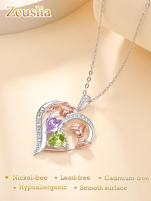 Valentine's Day Gifts for Wife 925 Sterling Silver Double Birthstone Pendant Necklaces I Love You for Always and Forever Necklace Anniversary Birthday Gifts for Wife Girlfriend Mom Her