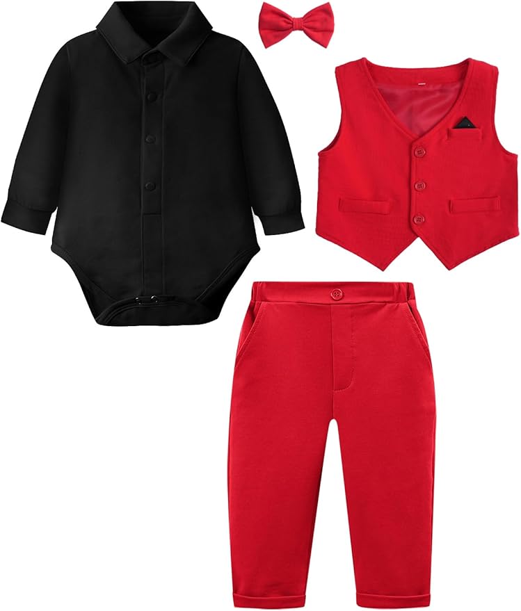 A&J DESIGN Baby Boy Suits Clothes Infant Toddler Formal Gentleman Outfits, Dress Shirt + Vest + Bow Tie + Pants Wedding Set