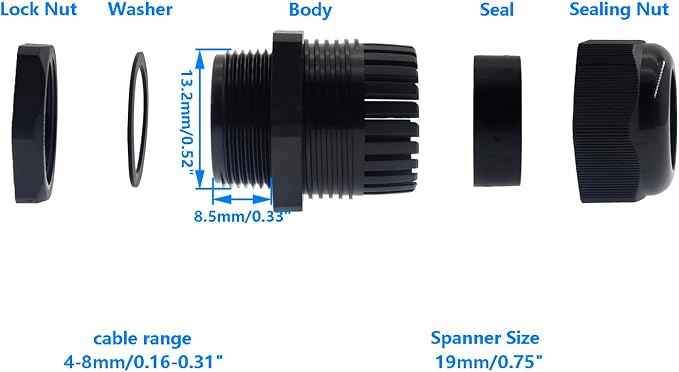1/4 Inch NPT Strain Relief Nylon Cord Grip, SAFYY 20 PCS Waterproof Cable - Image 2