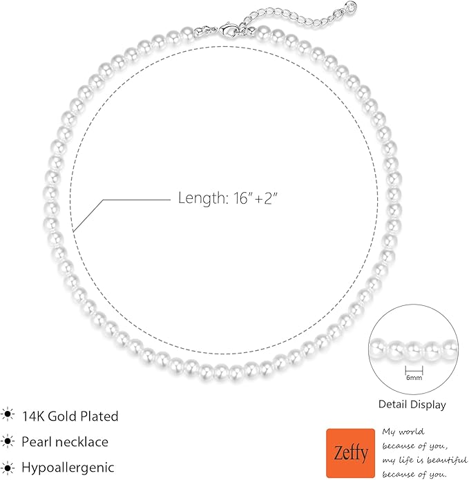 Zeffy Pearl Necklace 4MM/6MM/8MM Dainty Round Imitation Pearl Choker Necklace Wedding Pearl Necklace Delicate Jewelry for Women Simple Bridesmaid Jewelry Gifts