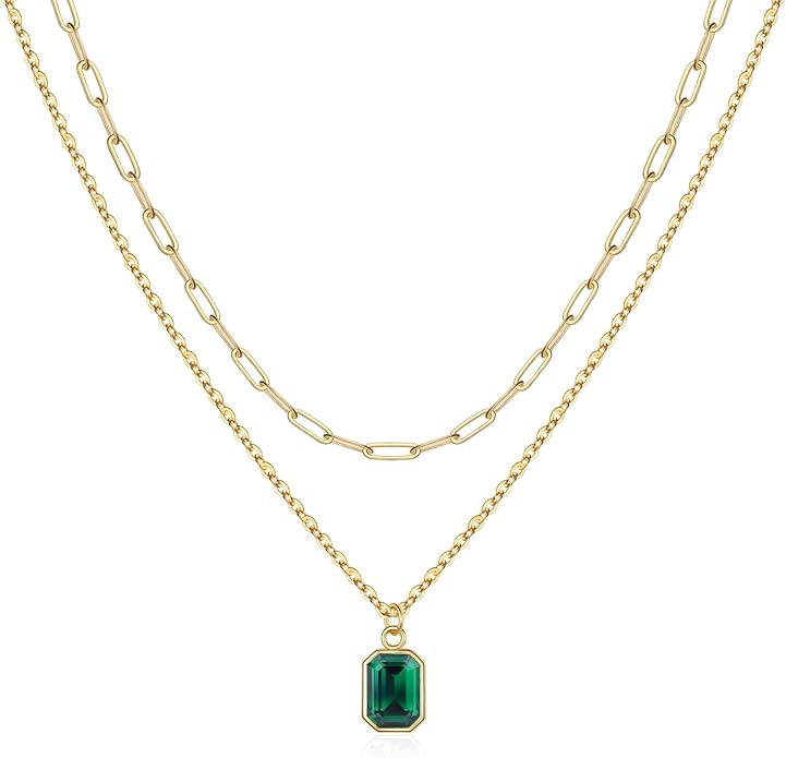 Layered Birthstone Necklace for Women Girls, 14K Gold-Plated Paperclip Chain Choker Necklace with Rectangle Birthstone Pendant Birthday Gifts for Women Girls Dainty Small