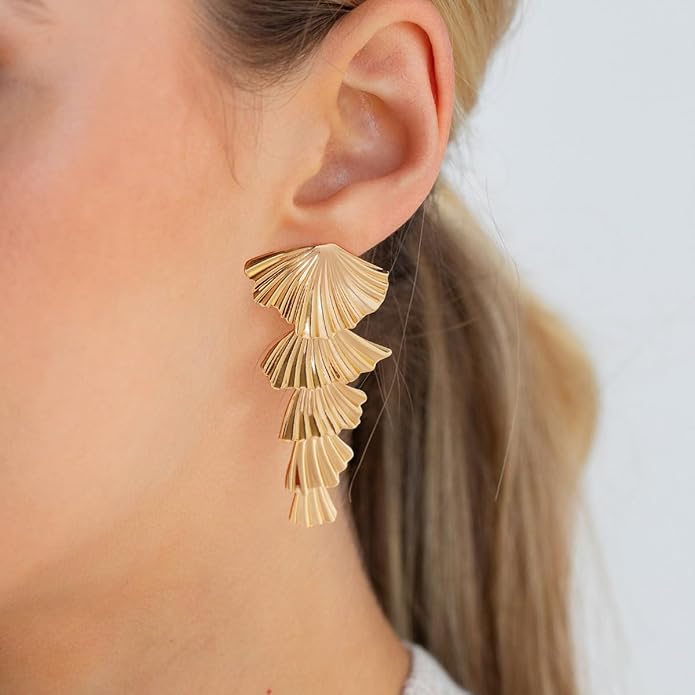 Chunky Gold Earrings-14K Gold Plated Ginkgo Leaf Bow Dangle Geometric Designed Drop Heart Teardrop Statement Chunky Earrings for Women