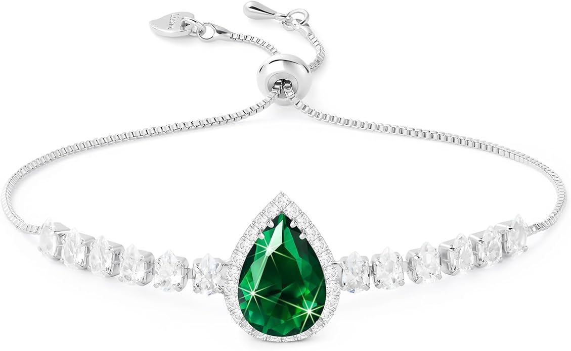 Linawe Crystal Imitation Diamond Rhinestone Charm Bracelets for Women, Gold/Silver/Rose Gold Adjustable Chain Bracelet, Teardrop Birthstone Cubic Zirconia Prom Costume Wedding Jewelry