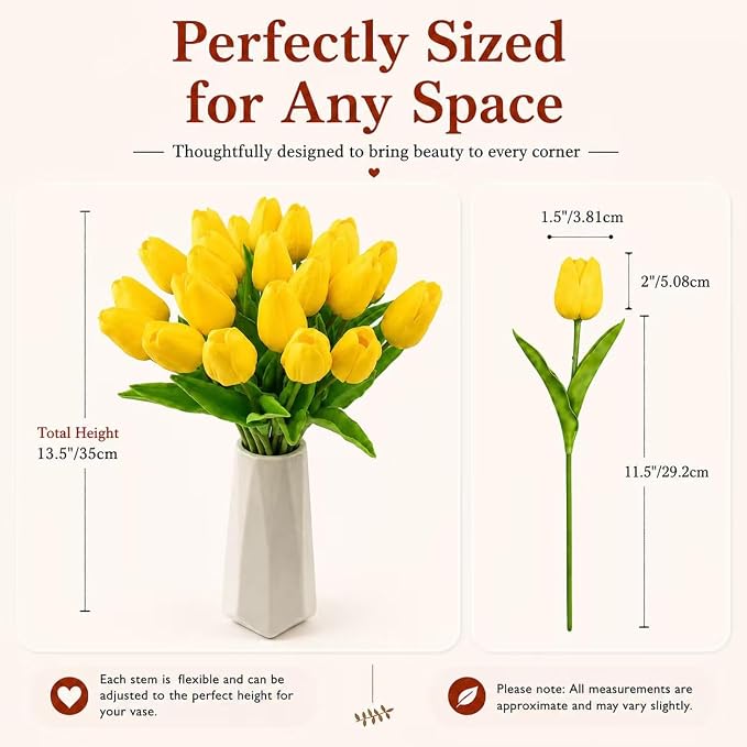 Mandy's 20pcs Artificial Yellow Tulips | 13.5 Inch Lifelike PU Tulips Faux - Image 3