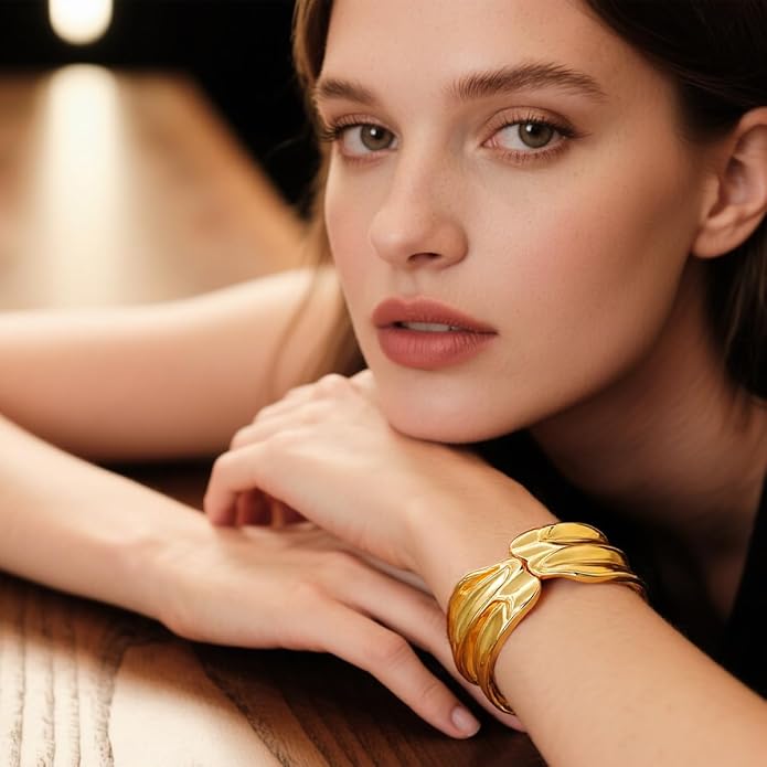 Gold Chunky Bangle Bracelet for Women Adjustable Twist Cuff Design Tarnish-proof Stackable Jewelry Gift