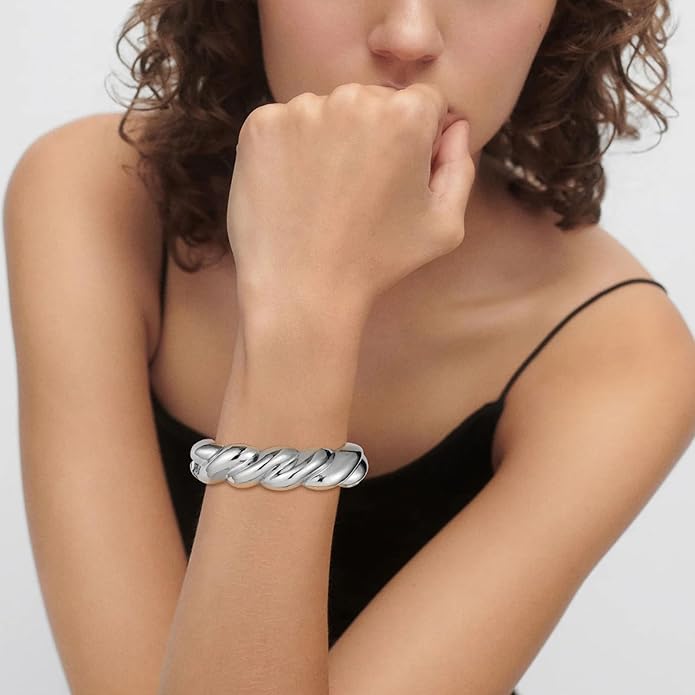 HZMAN 18K Gold Plated Wide Cuff Bracelet for Women - Premium Alloy Shiny Polished Double Layer Statement Bangle, Trendy Daily Wear Party Jewelry Accessory