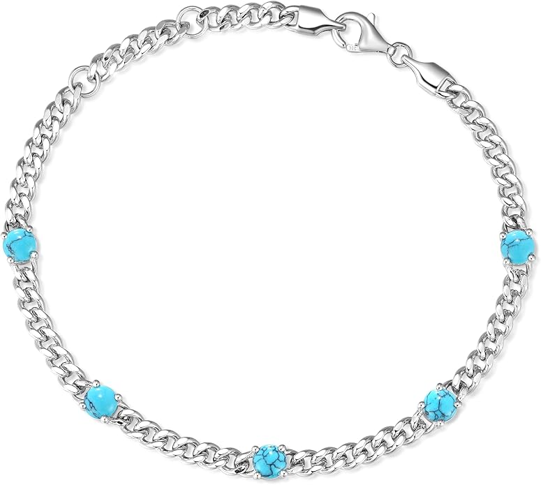 FANCIME 925 Sterling Silver 3.6mm Cuban Link Curb Chain Bracelet With Created Gemstone for Women Men Unisex