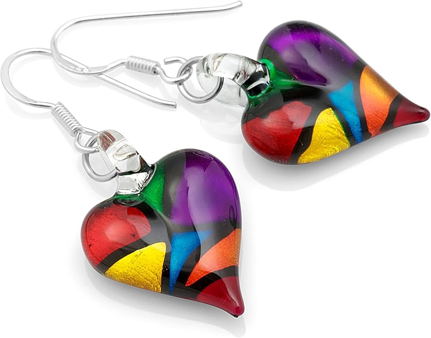 Chuvora Heart Earrings, Murano Glass Earrings, Heart Earings, Heart Dangle Earrings for Women, Stained Glass Earrings