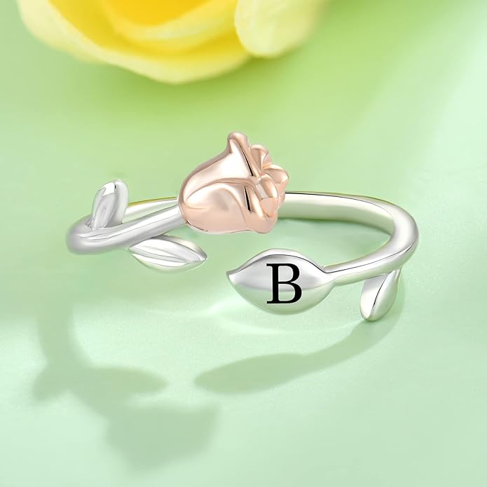 STARCHENIE Rose Initial Ring for Women 925 Sterling Silver Letters A-Z 26 Alphabet Adjustable Ring Size 7