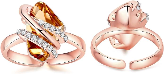 Leafael Wish Stone Women's Adjustable Open Ring Crystal Birthstone Jewelry Gifts for Women, Rose Gold Plated or Silver Tone, Size 6.5-8