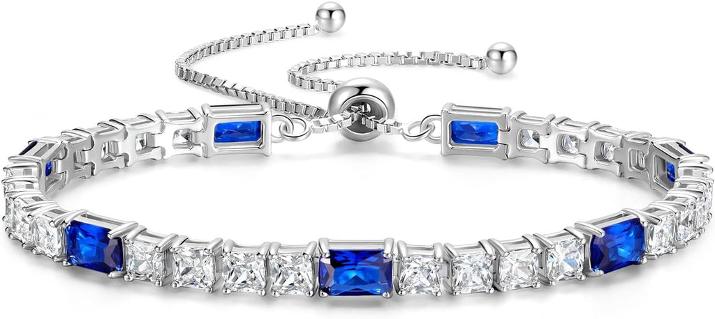 FANCIME Birthstone Bracelet for Women, Sterling Silver 4x6mm Gemstone Tennis Bracelet Bolo Adjustable Chain Fine Jewelry Birthday Gifts for Women Mom Wife Her
