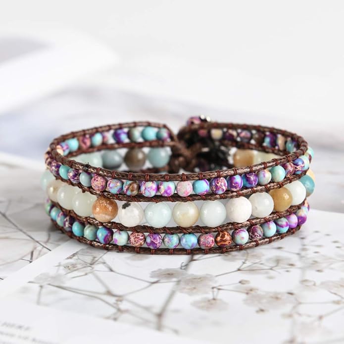 YGLINE Boho Handmade Natural Stone Bead 3 Row Wide Wrap Wrist Statment Bracelet Jewelry Collection