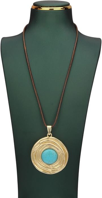 Boho Leather Necklace Women Bohemian Brown Circle Pendant Necklace Choker Long Necklaces for Women Boho Ring Large Pendant