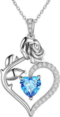 Jewmon Valentine Day Gifts for Her Rose Heart Birthstone Necklace for Women 925 Sterling Silver Birth Stone Flower Rose Necklace Anniversary Love GIfts for Girlfriend Wife Mom Birthday Gifts for Her
