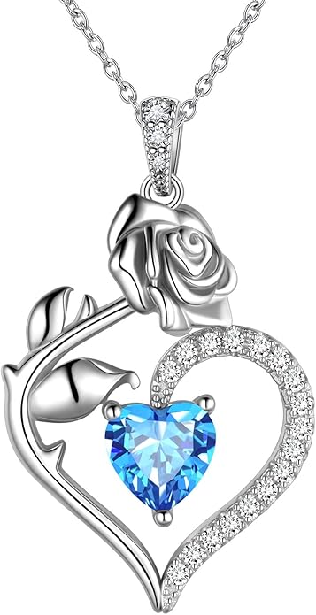 Jewmon Valentine Day Gifts for Her Rose Heart Birthstone Necklace for Women 925 Sterling Silver Birth Stone Flower Rose Necklace Anniversary Love GIfts for Girlfriend Wife Mom Birthday Gifts for Her
