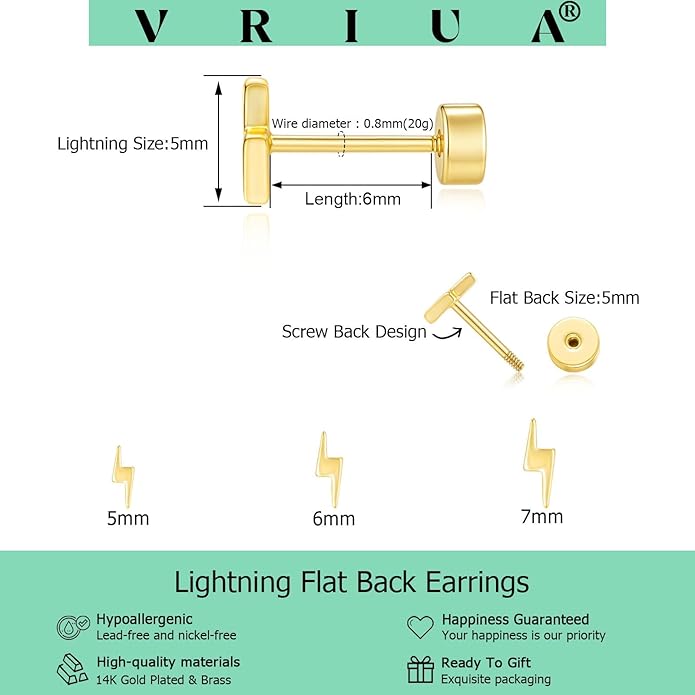 VRIUA 20G Tiny Flat Back Earrings for Women - 14K Gold/Silver Plated Small Flat Back Stud Earrings Hypoallergenic Cartilage Helix Piercing Jewelry