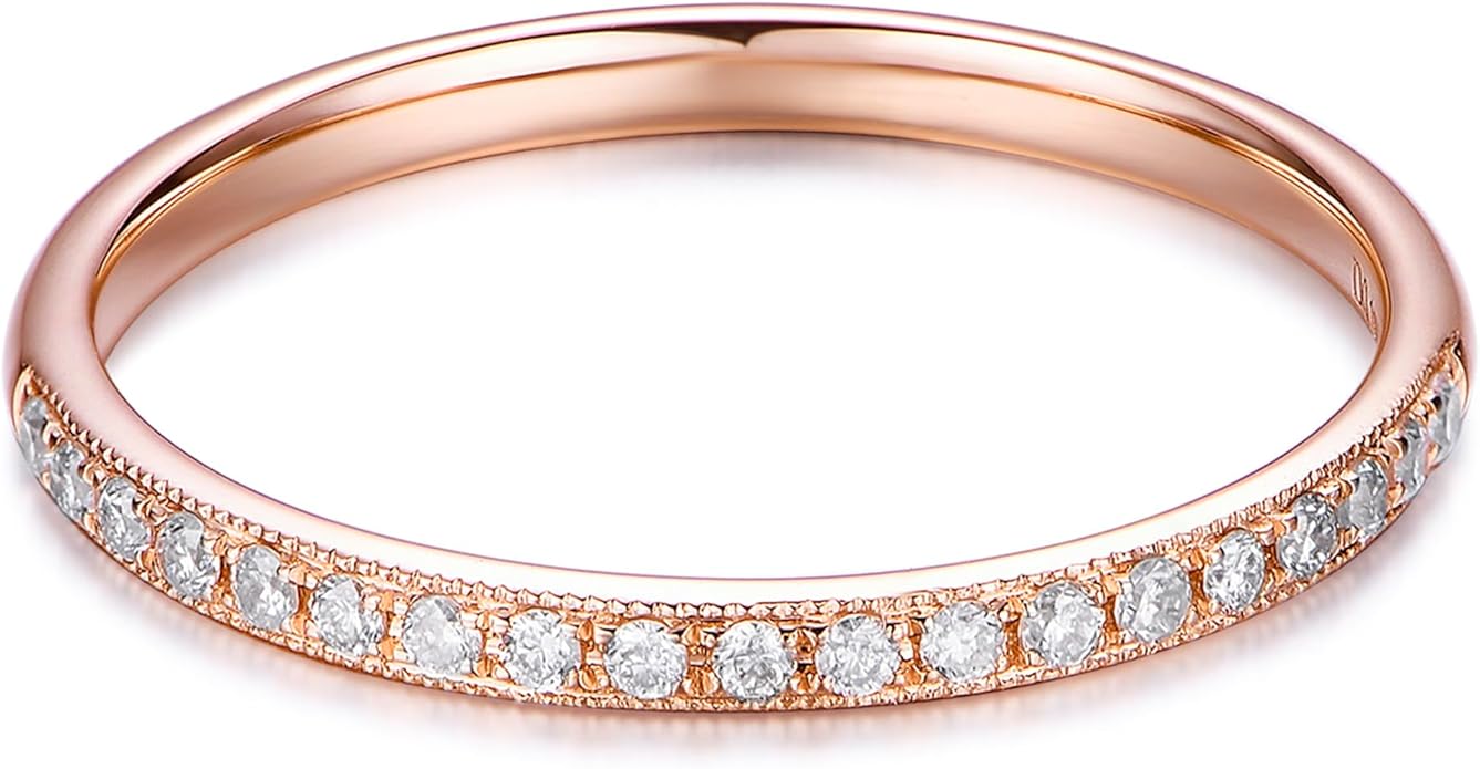 14K Gold 2mm Wedding Band Ring Womens Band Ring 2mm Stacking Ring 14K Gold Moissanite Half Eternity Ring for Women